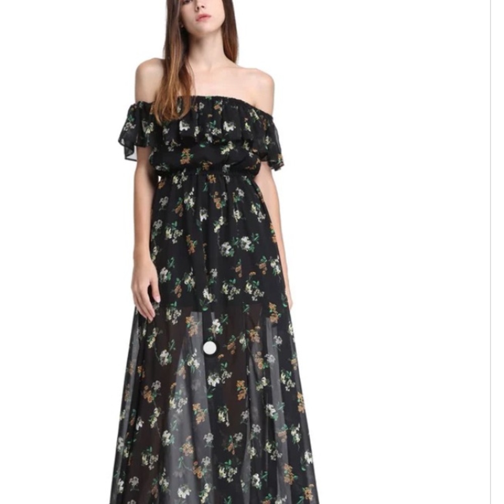 Ochirly black floral dress off shoulder
